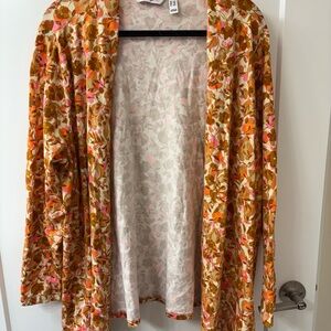 ISAAC MIZRAHI LIVE! ORANGE FLORAL PRINTED LONG CARDIGAN WITH SIDE SLITS SZ 1X